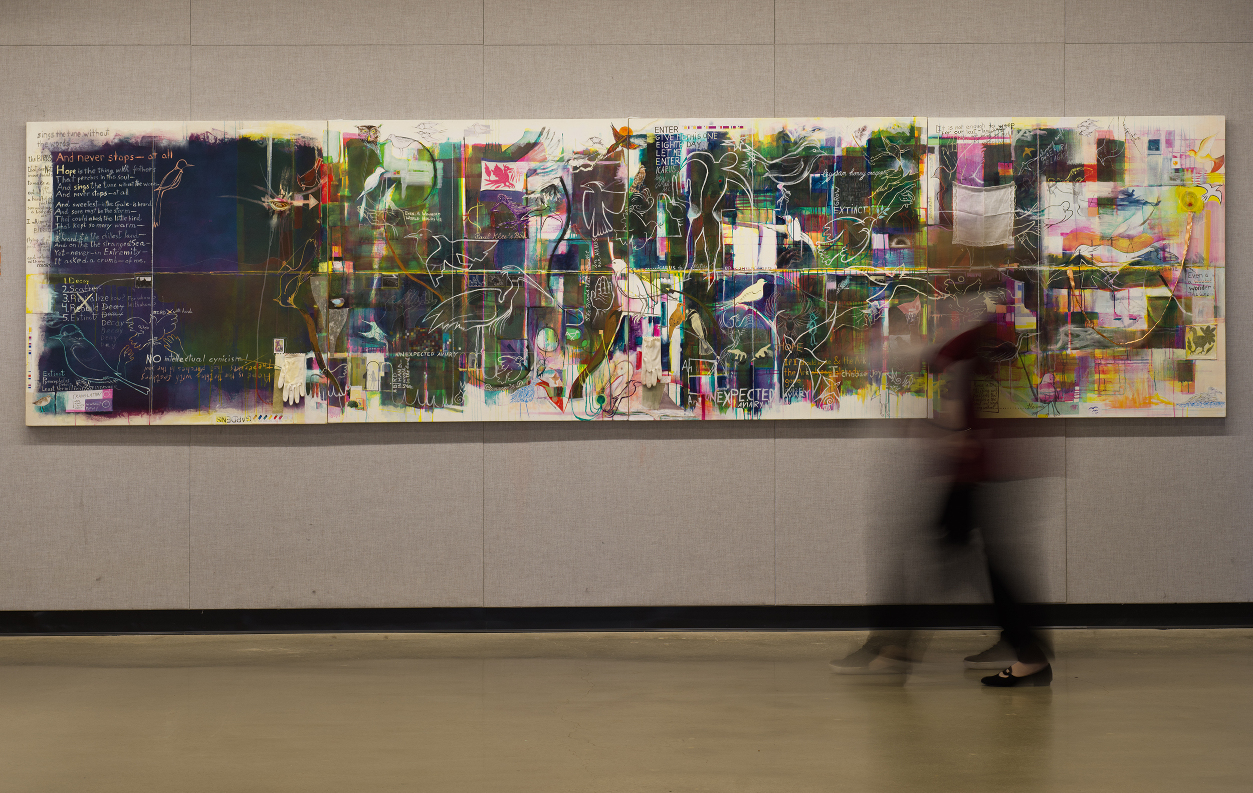 Acrylics on canvas public art at Campbell Hall at the University of Virginia by artist Sanda Iliescu and undergraduate student Dillon Laurie McDowell. Inspired by Emily Dickenson poem Hope is the Thing with Feathers. Subject matter: the dire environmental crisis.
