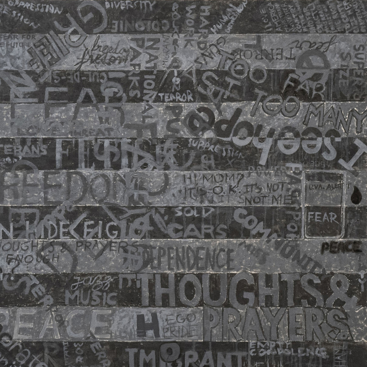 Public art by artist Sanda Iliescu and community members in a memorial to the three slain UVA students: Devin Chandler, Lavel Davis, Jr., and D’Sean Perry.